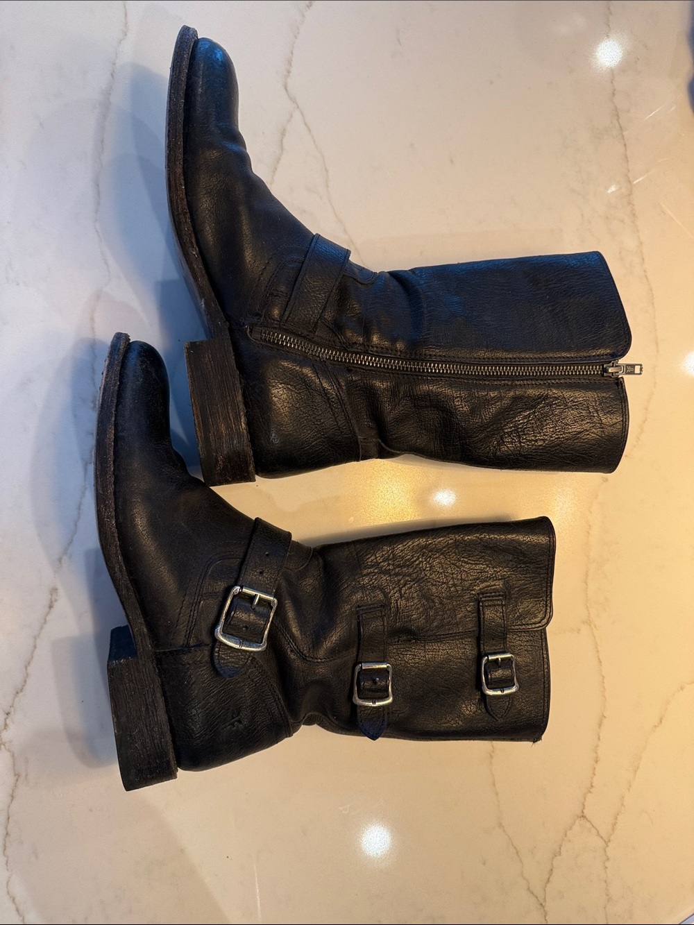 Frye Black Leather Veronica Moti Buckle Zip Boots